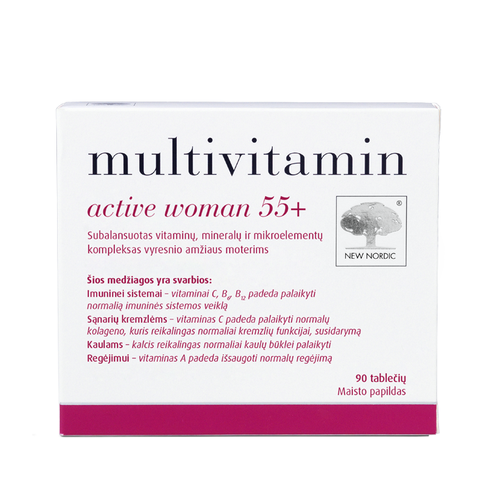 i_packshot_multivitamin_activewoman55_90_baltic Multivitamin Active Woman 55+ uztura bagātinātāja iepakojums baltā dizainā ar rozā akcentiem