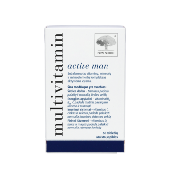 Multivitamin Active Man uztura bagātinātāja iepakojums baltā, minimālistiskā dizainā