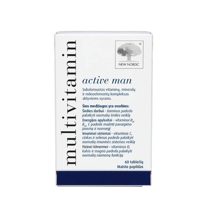 i_packshot_multivitamin_man_60_baltic Multivitamin Active Man uztura bagātinātāja iepakojums baltā, minimālistiskā dizainā