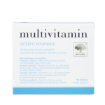 Multivitamin Woman uztura bagātinātāja iepakojums baltā dizainā ar gaiši ziliem akcentiem