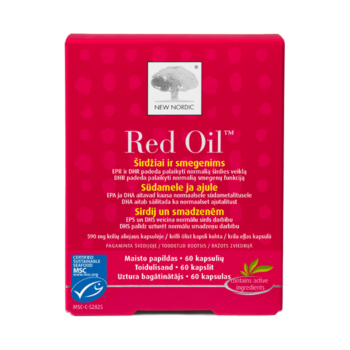 Red Oil uztura bagātinātāja iepakojums rozā un sarkanā dizainā uz balta fona