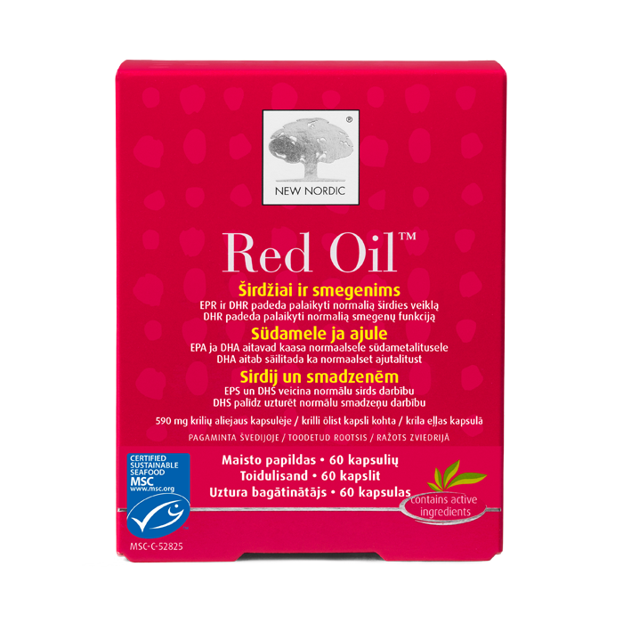 i_packshot_redoil_60_baltic Red Oil uztura bagātinātāja iepakojums rozā un sarkanā dizainā uz balta fona