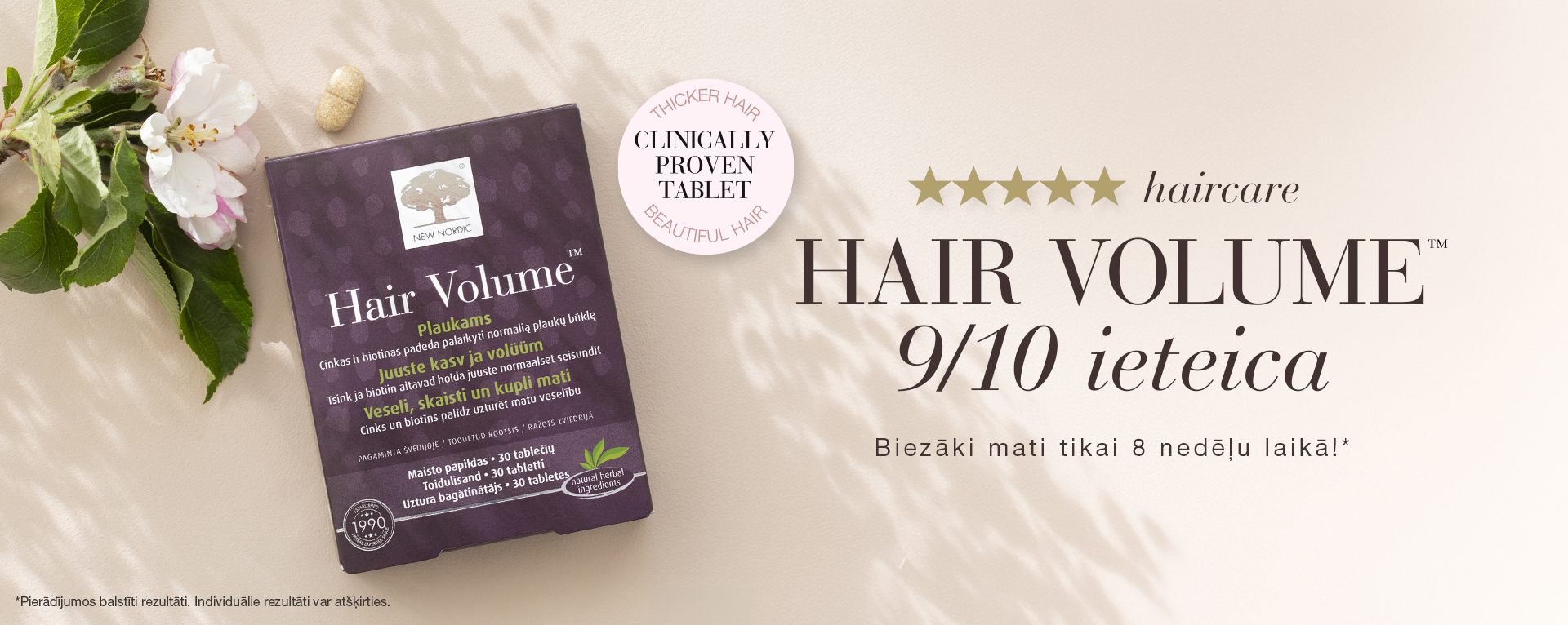 Hair Volume produktu reklāmas baneris ar klientu vērtējumu 9 no 10
