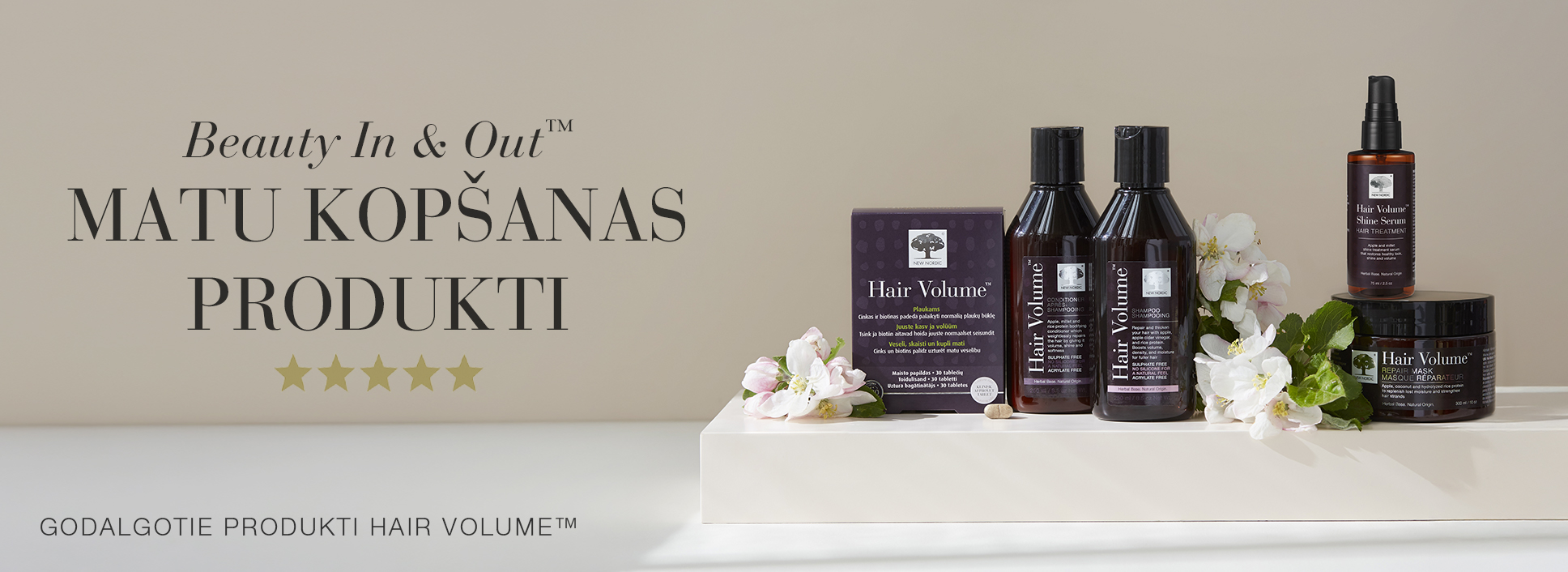 Hair Volume produktu klāsts matu kopšanai uz gaiša fona